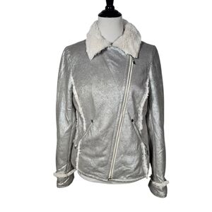 Tribal Medium Silver Cream Moto Jacket with Cream Faux-Shearling Trim